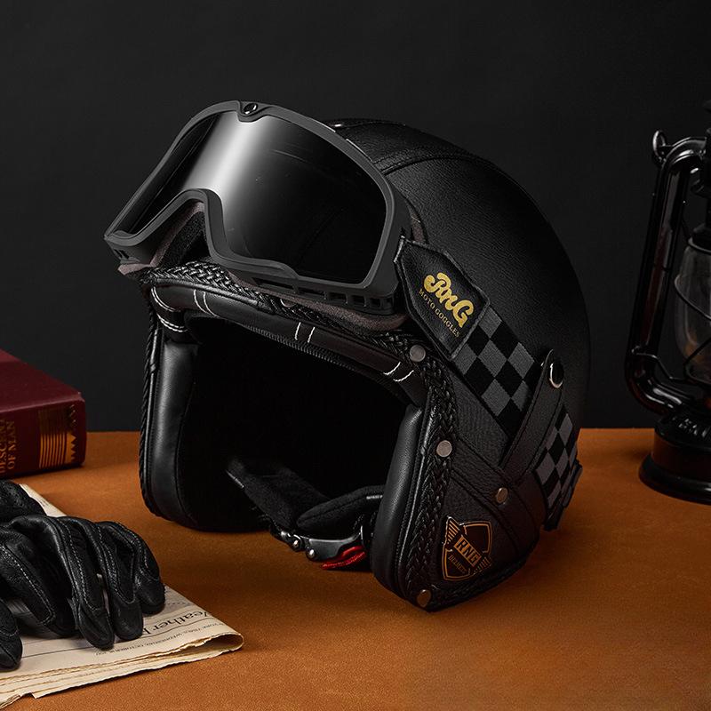 3C Certified Retro Motorcycle Retro Helmet Men and Women Motorcycle Safety Helmet Leather 3/4 Helmet Electric Car Hat
