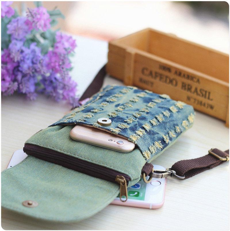 Denim Ripped Crossbody Small Bag - Cloth Art Large Screen Mobile Phone Bag