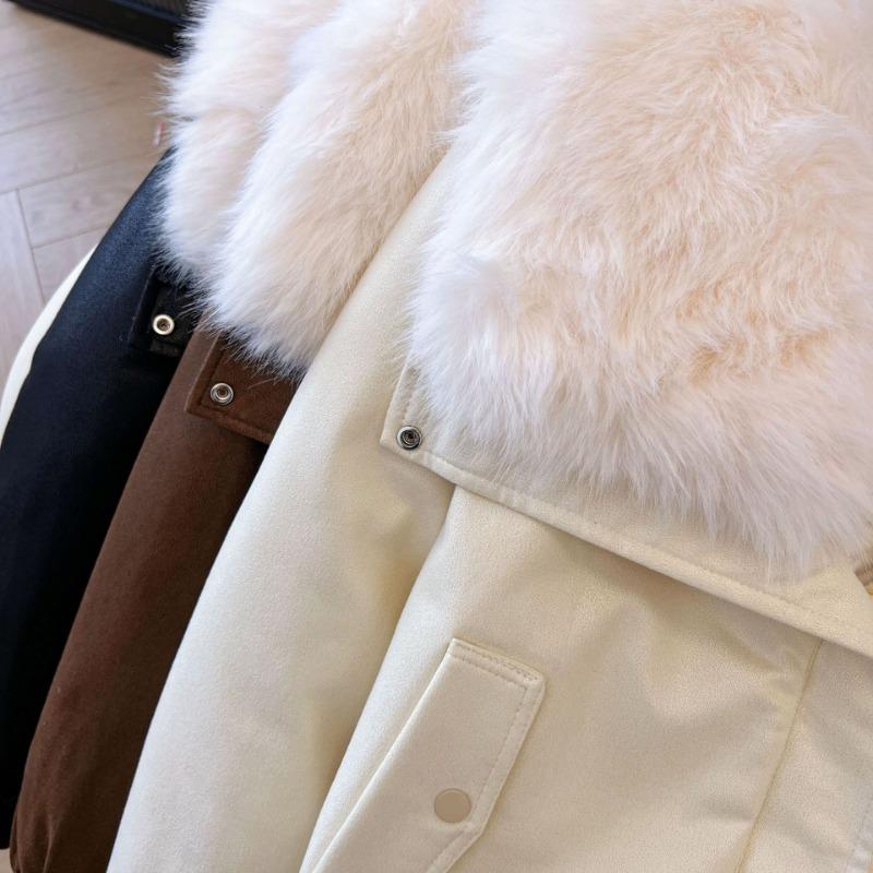 Women Thick Warm Faux Fox Fur Collar Faux Leather Winter Cotton Padded Coat