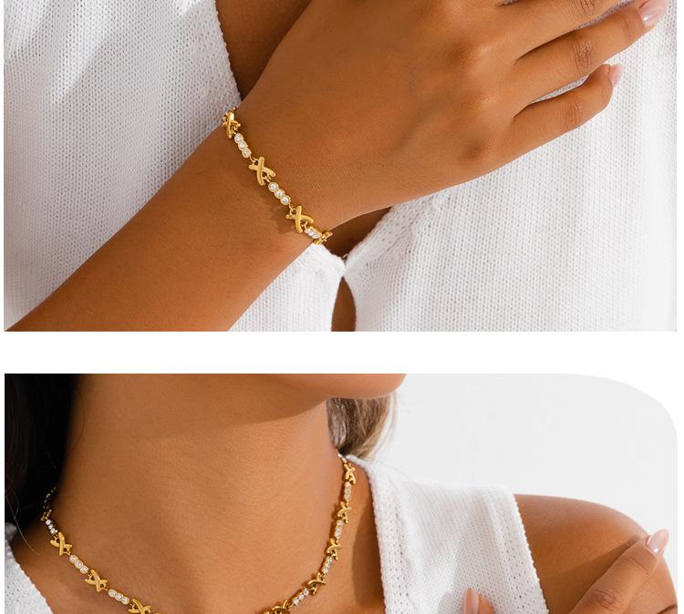Luxurious X-Shaped Rhinestone Necklace & Full Diamond Stainless Steel Bracelet Set for Women
