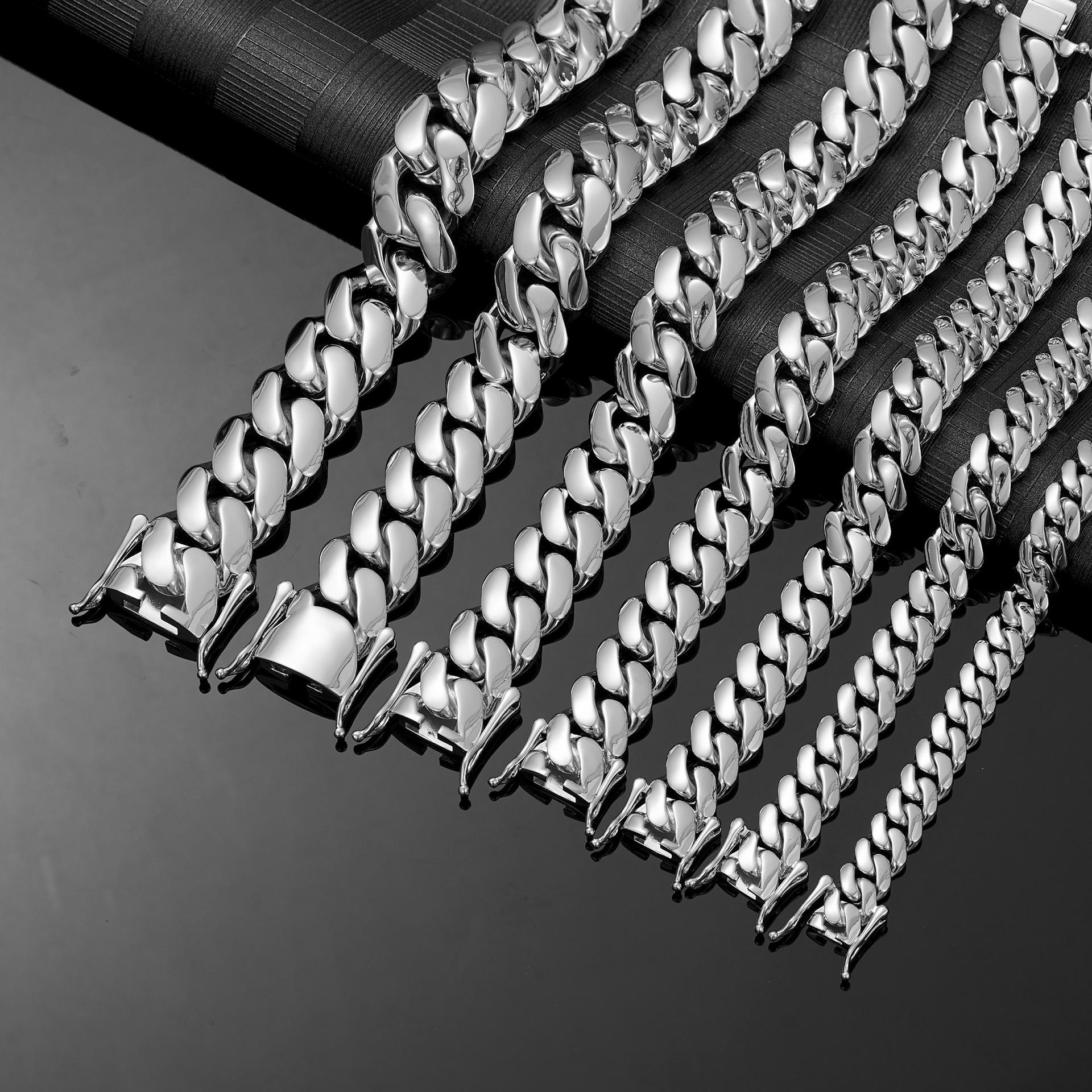 Rhodium Plated Jewelry 8-20mm Glossy Cuban Link Bracelet Solid Stainless Steel Laminated Flat Cuban Link Bracelet for Men 7.5inch(19.05cm)&8mm серебряный
