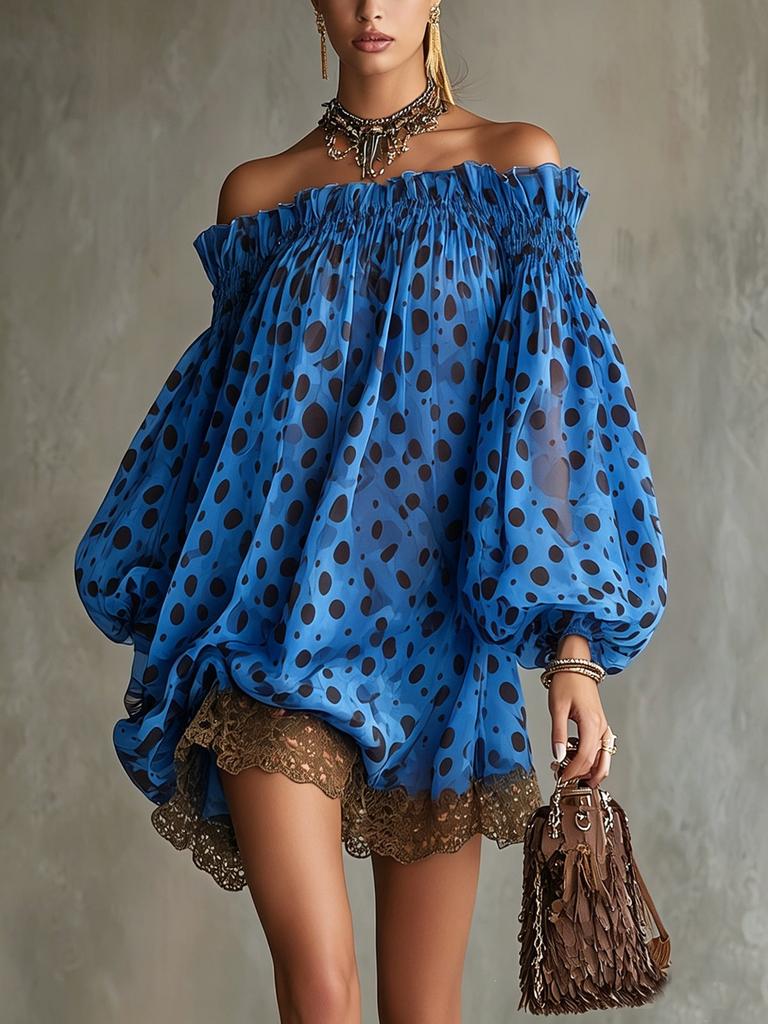 European and American independent station summer new off-the-shoulder polka dot chiffon bubble sleeve dress seaside vacation style