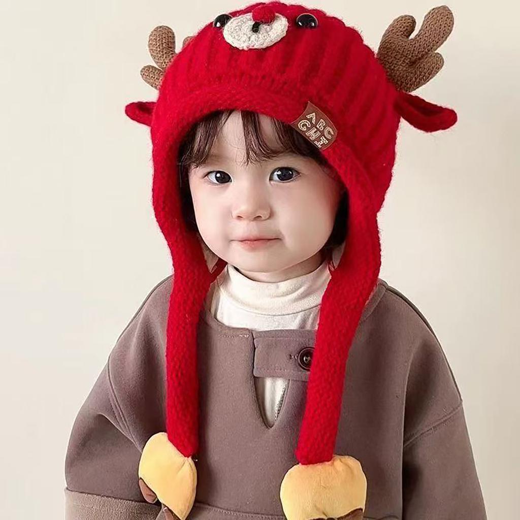Cute Knitted Warm Baby Ear Protection Cap Christmas Elk Kids Winter Lacing Hat Outdoor Windproof Boys Girls Earmuff Beanie