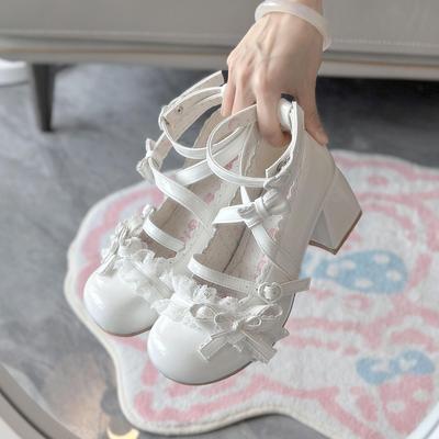 Lolita Red High Heels  Shoes Autumn Winter Lace Edging Thick Single Shoes Patent Leather Mary Jane Women's Shoes 2026 New