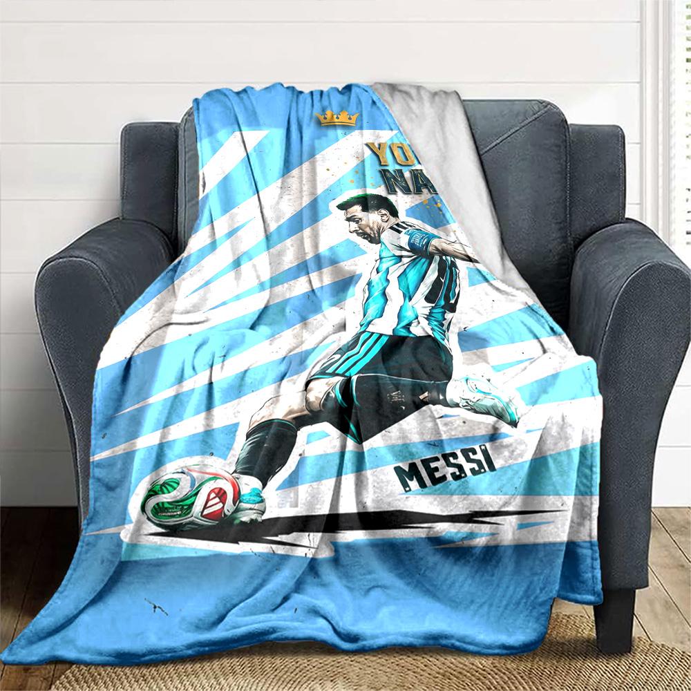 Football Messi Personalized Text Blanket Gift Customizable Blanket Soft Warm Cozy Throw For Picnics Nap Bed Sofa Ideal for All Seasons