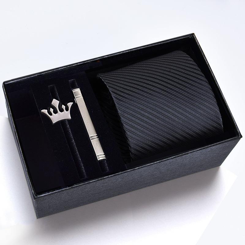 Gift Box Men'S Tie Four-Piece Set, Can Add Formal Business 8Cm Striped Black Wedding Groom