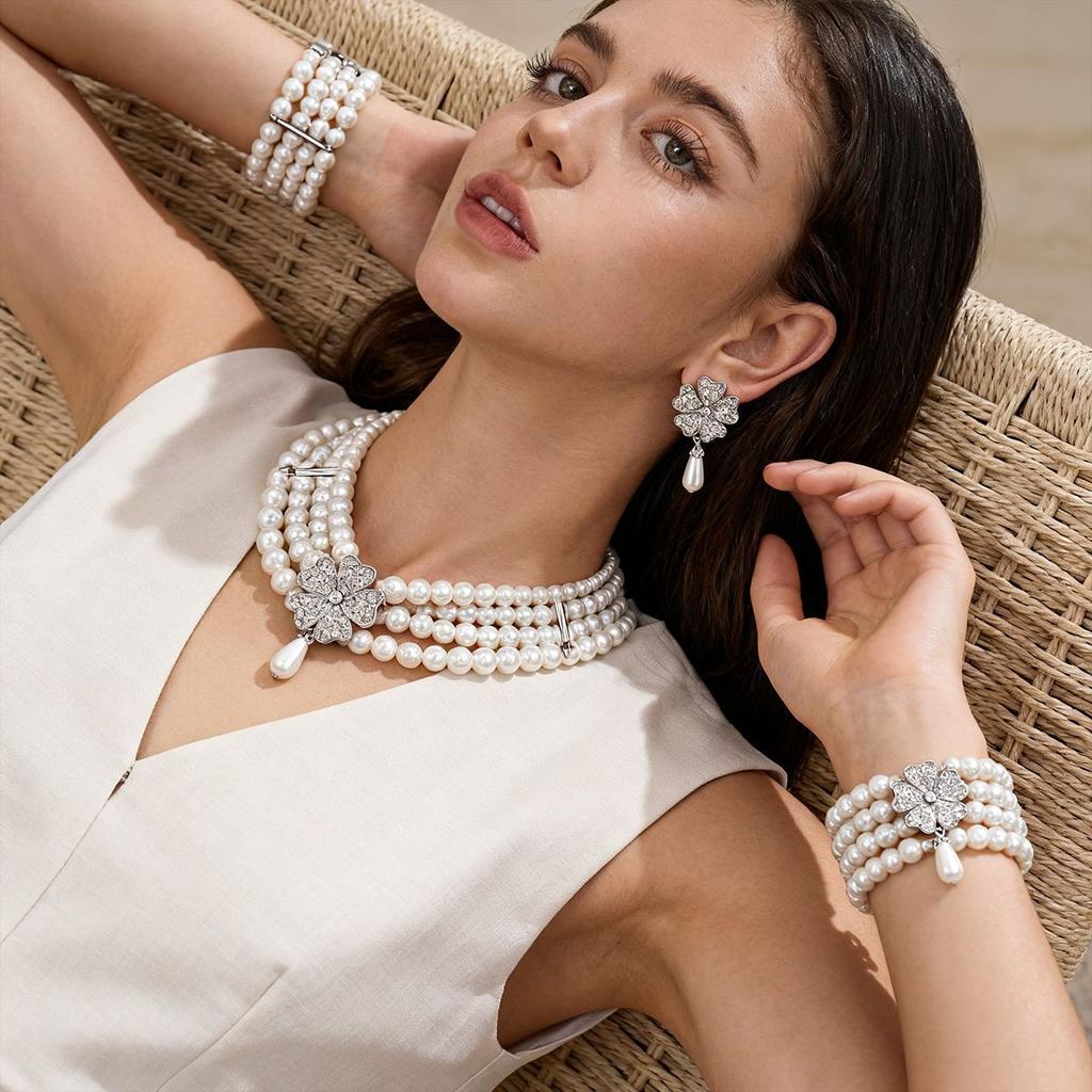 Baroque Diamond Imitation Pearl Flower Water Drop Multi-layer Necklace Temperament Necklace