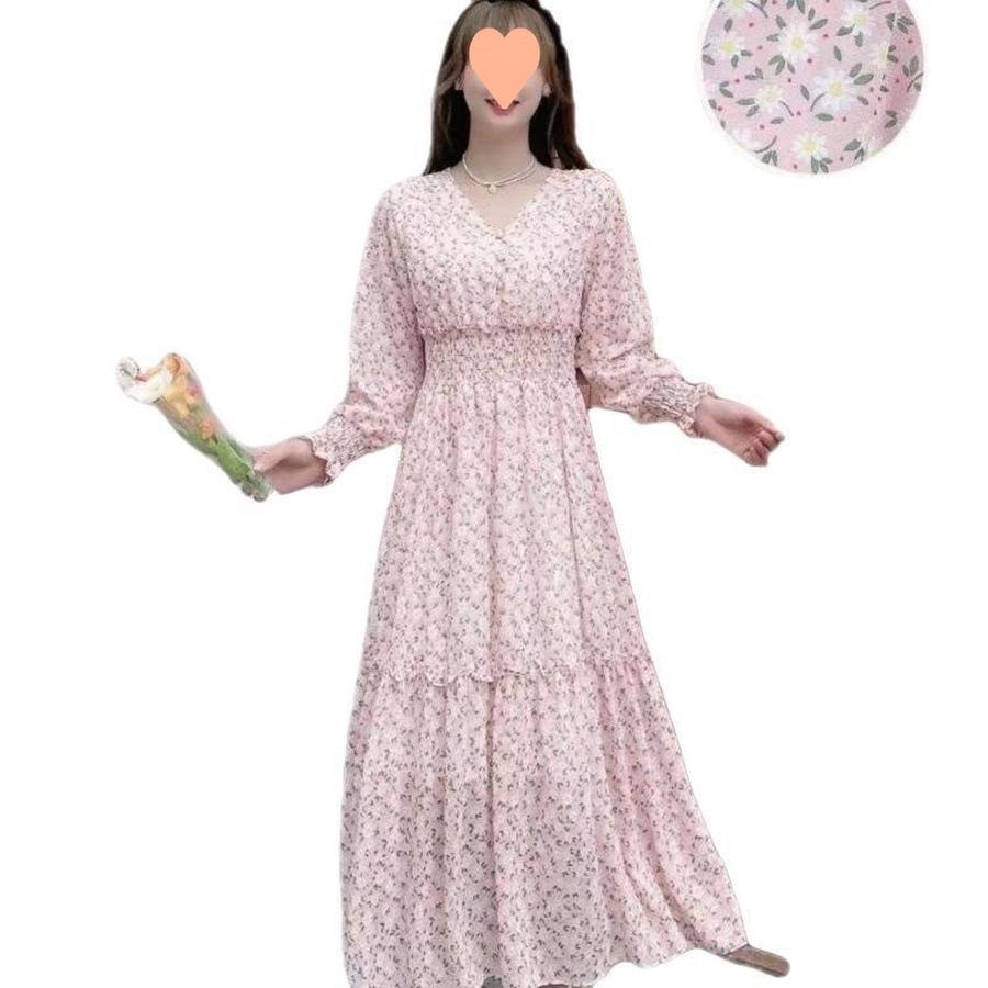 Floral Print Chiffon Dress Long Dress Women Spring New Korean Style Fairy Dress Ruffled Maxi Skirt