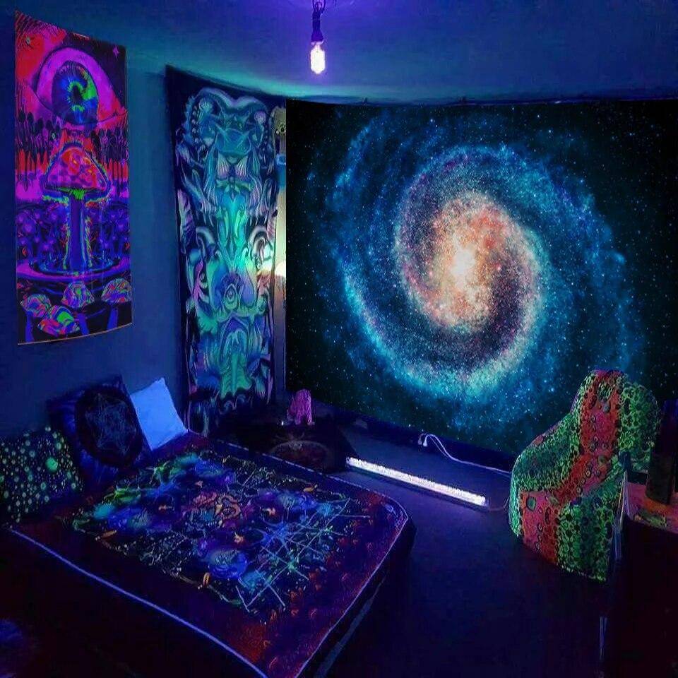 Mysterious Universe Starry Space Psychedelic Fluorescent Tapestry Wall Hanging  Trees and Stars Bedroom