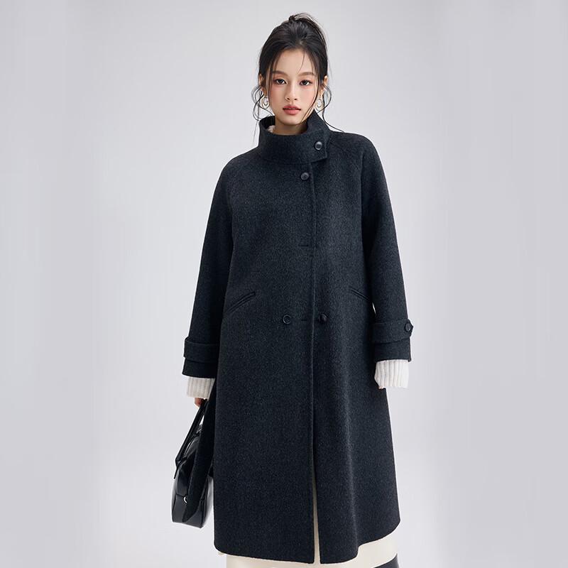 Fengxun Dámský prémiový kabát ze 100% vlny oboustranný se stojáčkem