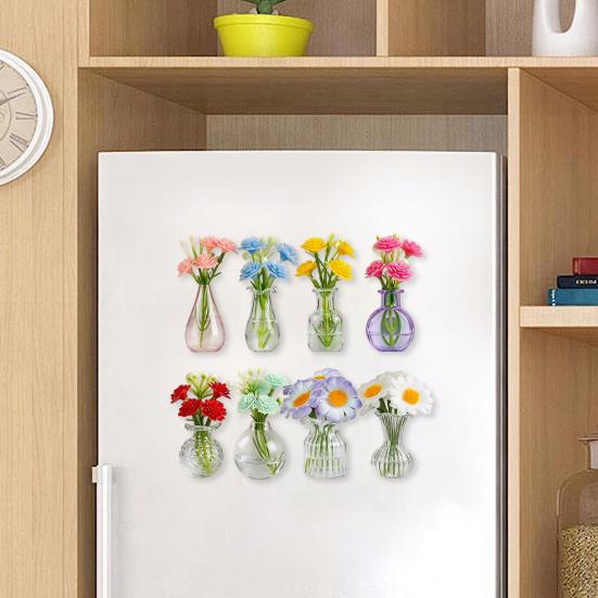 8 Stück Mini-Glasvasen-Kühlschrankmagnete mit künstlichen Blumen, Niedliche kleine Blumen-Kühlschrankmagnete für Kühlschrank, Büro und Küchenschrank