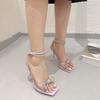 Fashion Sexy Peep Toe Square Head Jelly Hige Heels Sandals for Womens Pumps Rhinestone Bow-knot  Ankle Strap Buckle Shoes Summer