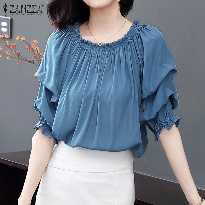 

ZANZEA женская летняя повседневная плиссированная свободная однотонная блузка с круглым вырезом и половиной рукавов