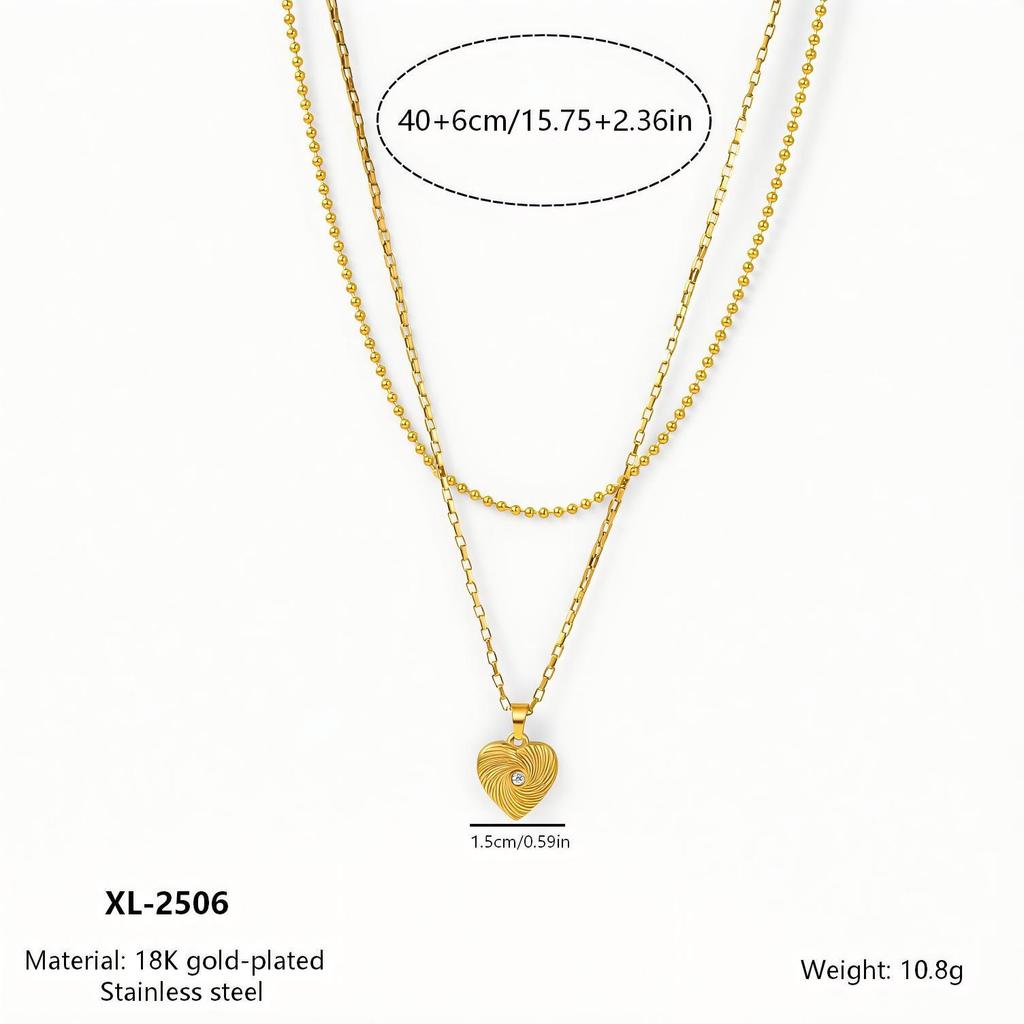 European and American Style Retro Titanium Double Layer Zircon Heart Necklace for Women