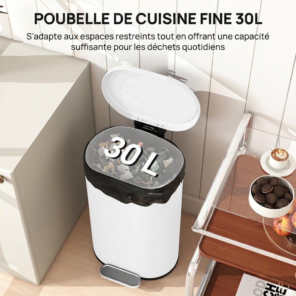 Kitchen Bin, 30 L, Pedal, Removable Inner Bucket, Soft-Close Lid, 36.5 x 31 x 61 cm, White