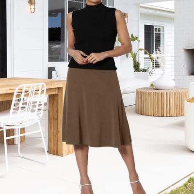 Women Midi Skirt Solid Color A-Line Flared Skirt Elastic High Waist Slimming Office Skirt Comfortable All-Day Wear