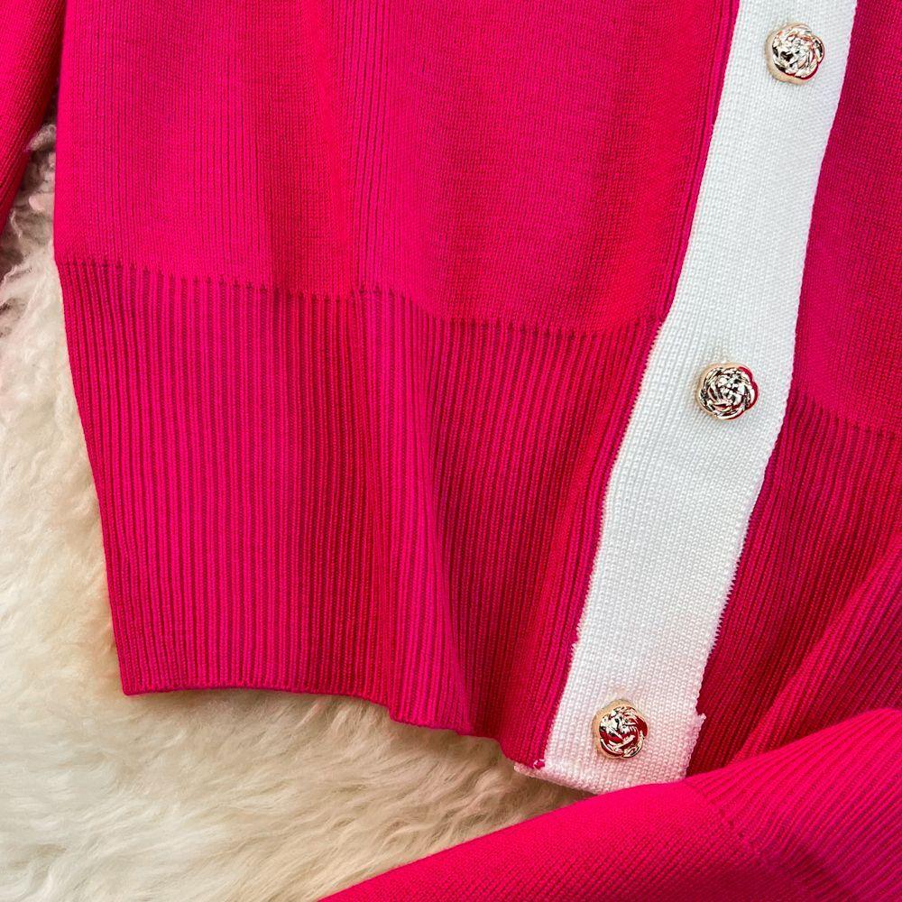 JPNTKY Fashion Set: Long-sleeved, Contrasting Color, V-neck Knitted Cardigan, Two-piece Set, High-waisted, Straight-leg, Wide-leg Pants