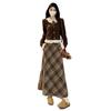 Petite Retro Plaid Skirt & Spliced Long Sleeve Top Set for Autumn/Winter Women