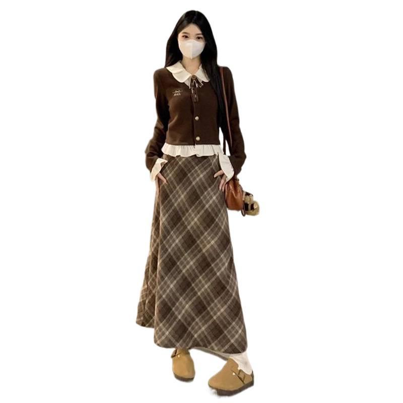 Petite Retro Plaid Skirt & Spliced Long Sleeve Top Set for Autumn/Winter Women