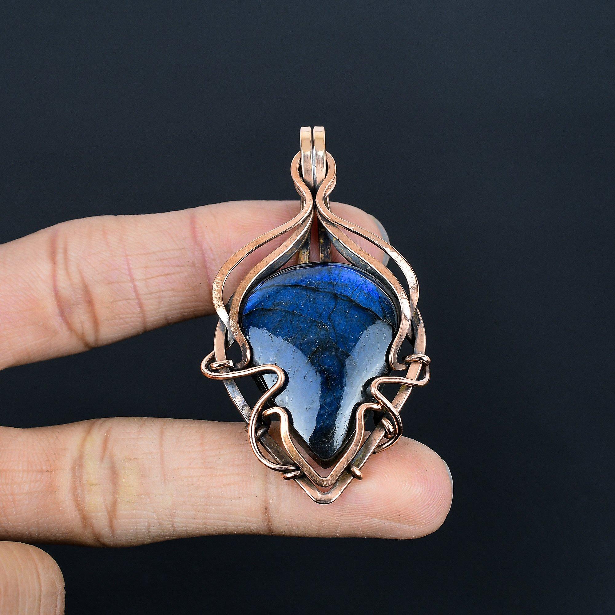 

Labradorite Pendant, Handmade Gemstone 999 Copper Wire Wrapped Antique Jewelry, For Gift Silver Jewelry 2.55 Inches