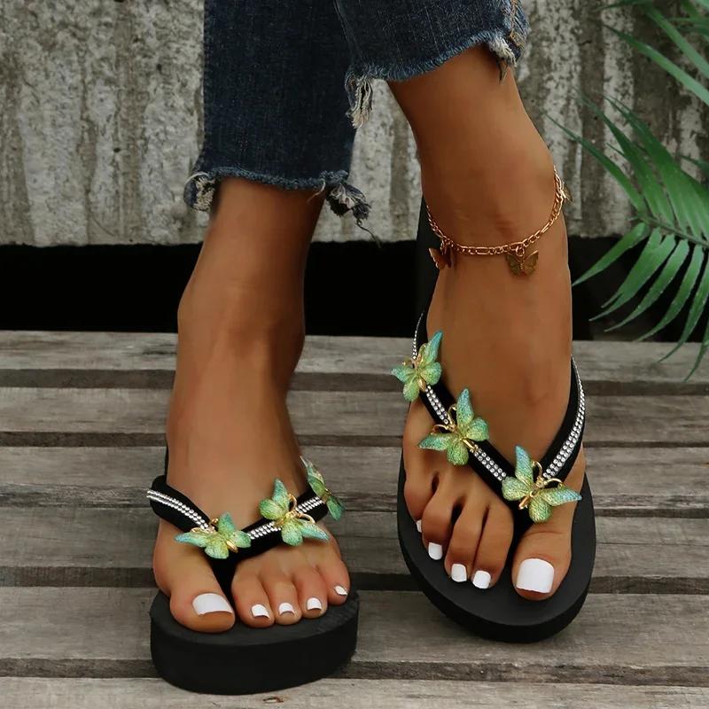 Fashion Luxury Crystal Butterfly Wedge Heel Flip Flops Women Fashion Clip Toe Thick Bottom Slippers Woman Summer Beach Non Slip Slides