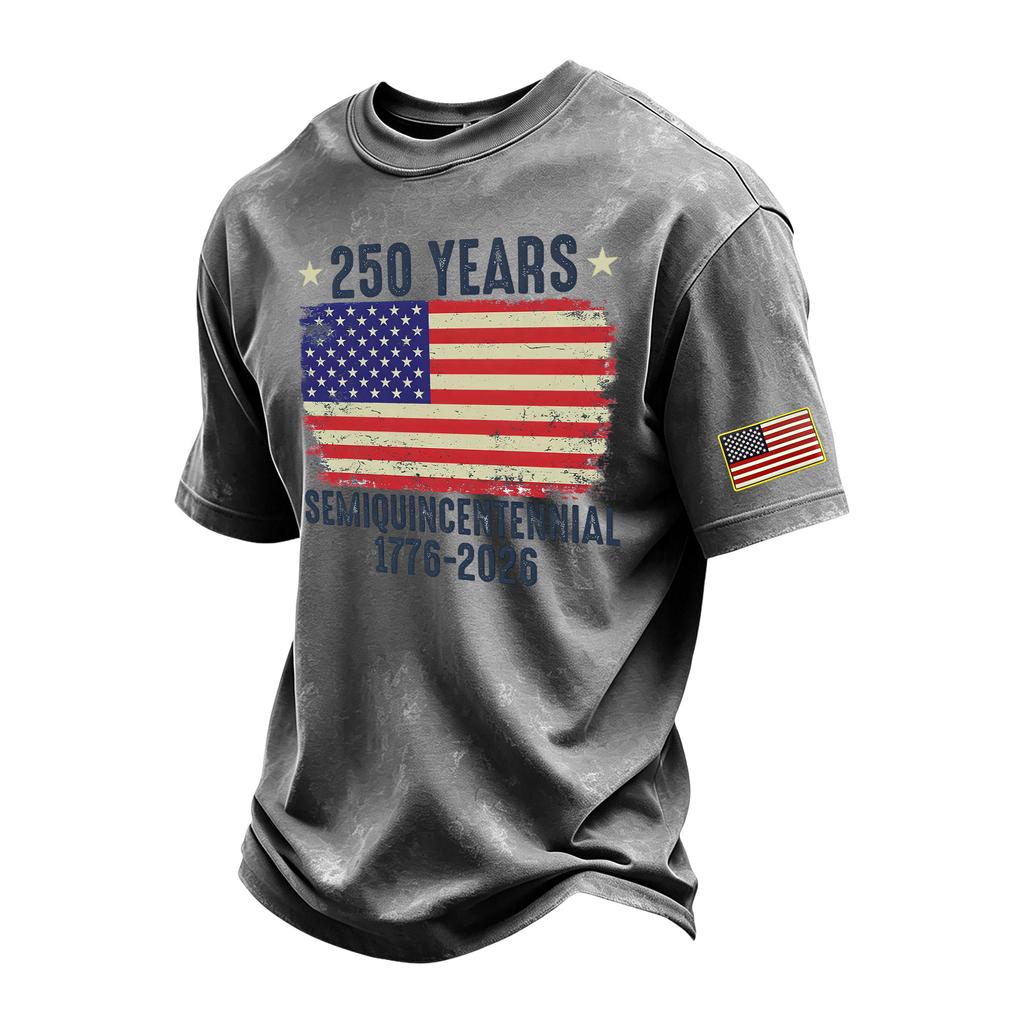T-shirt da uomo vintage lavata con scollo rotondo a maniche corte, maglietta grafica stampata Semi-Quincentennial 1776-2026, design bandiera USA, vestibilità casual