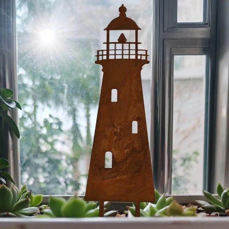 Metal Lighthouse Garden Stake with Ground Insert Base, Plant Climbing Frame for Flower Area, Lawn Edge, Yard Line, and Outdoor Display