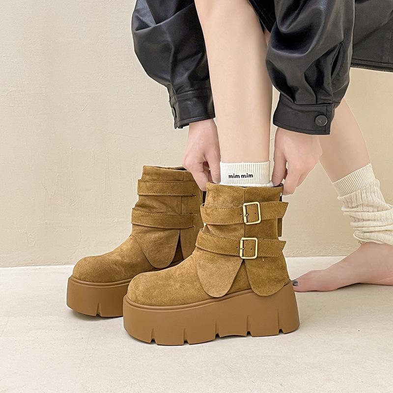 Retro thick-soled one-word buckle slim short boots with coat Martin boots 2025 autumn and winter suede boots women's fashion boots