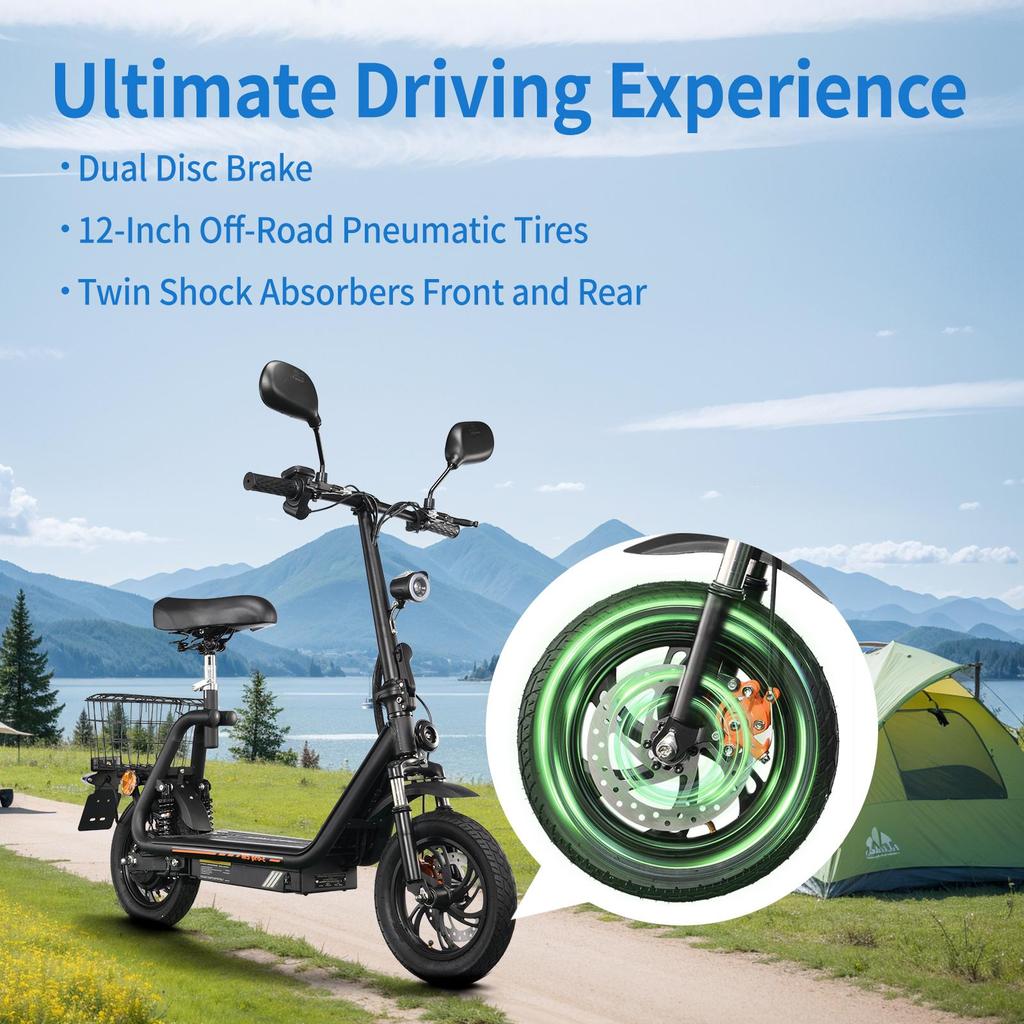 Electric Scooter with Seat TWOFISH M5 PRO-E 12" Tires 500W Motor 48V13Ah Battery 40km/h Max Speed 30km Max Range EEC Certified