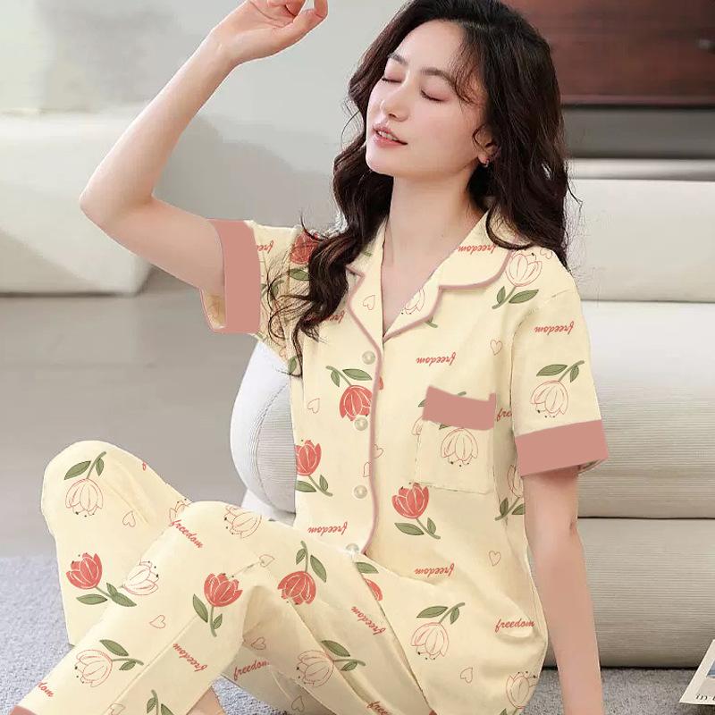 Simple and Sweet Floral Pajamas Women's Summer Imitation Cotton Short-sleeved Trousers Medium Young Women's Loungewear Set
