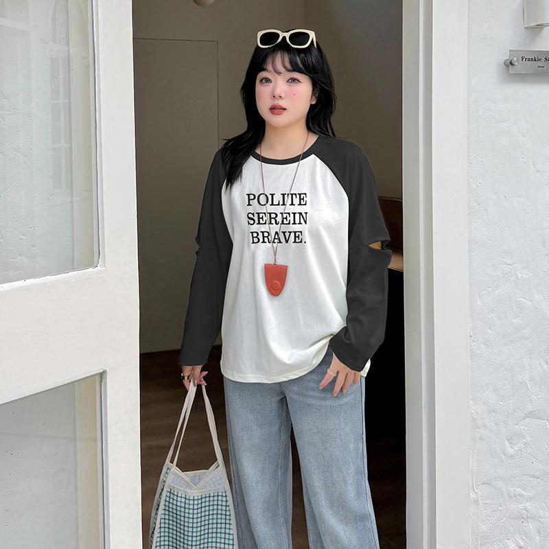 Large Size Women's Casual Shoulder Sleeves Contrasting Color Letter Loose T-shirt Spring Lazy and Thin Top 12