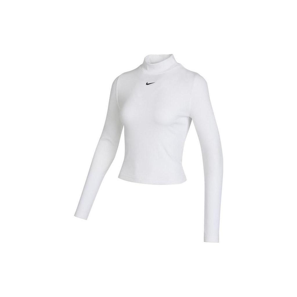Nike Solid Color Logo Print High Neck Long Sleeve T-Shirt Women Tops White DV7881-100
