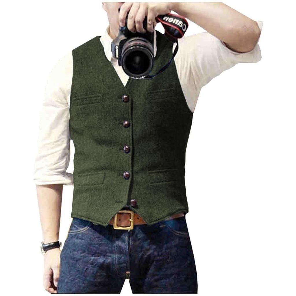V Neck Men's Suits Vest Casual Classic Formal Business Herringbone Tweed Slim Fit Waistcoat For Wedding Groomsmen