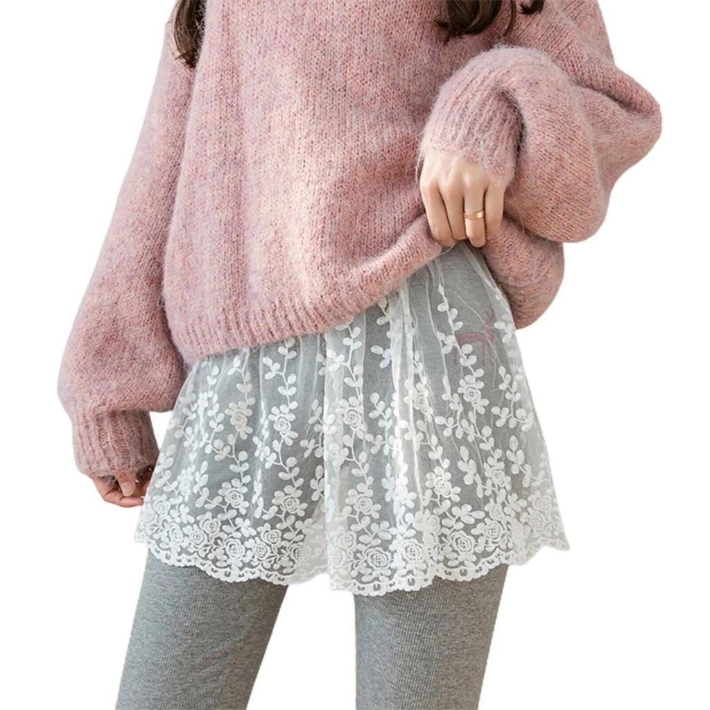 Extensoare de fustă pentru femei cu tiv din dantelă, primăvară, toamnă, stratificată, topuri false, cu tiv, cu broderie de flori, mini-fustă negru alb