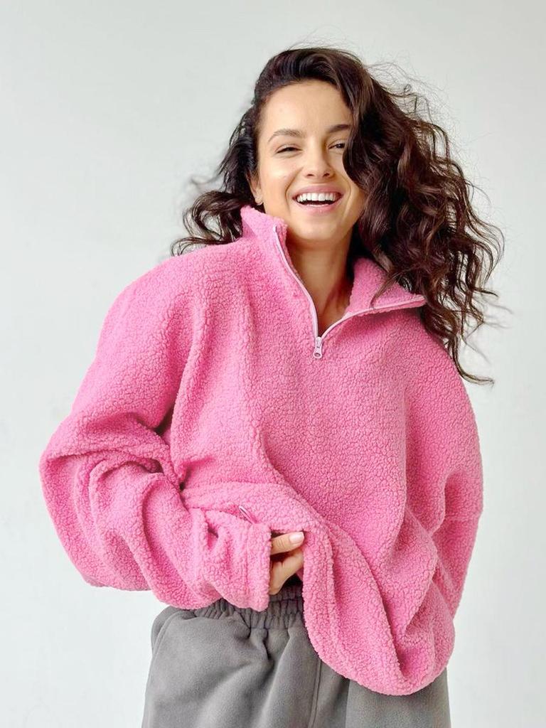 Trendy Pink Lambswool Stand-up Collar Sweatshirt - Loose Fit, Long Sleeve, Versatile for Autumn/Winter Fashion.