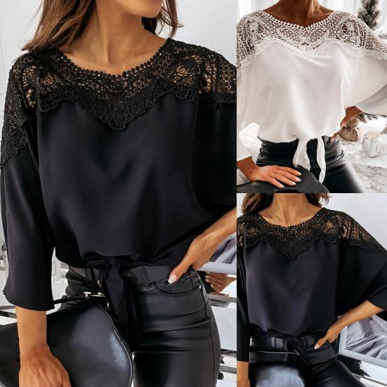 Lady Top Crochet Solid Color Round Neck Lace Stitching Hollow Fall Shirt for Work