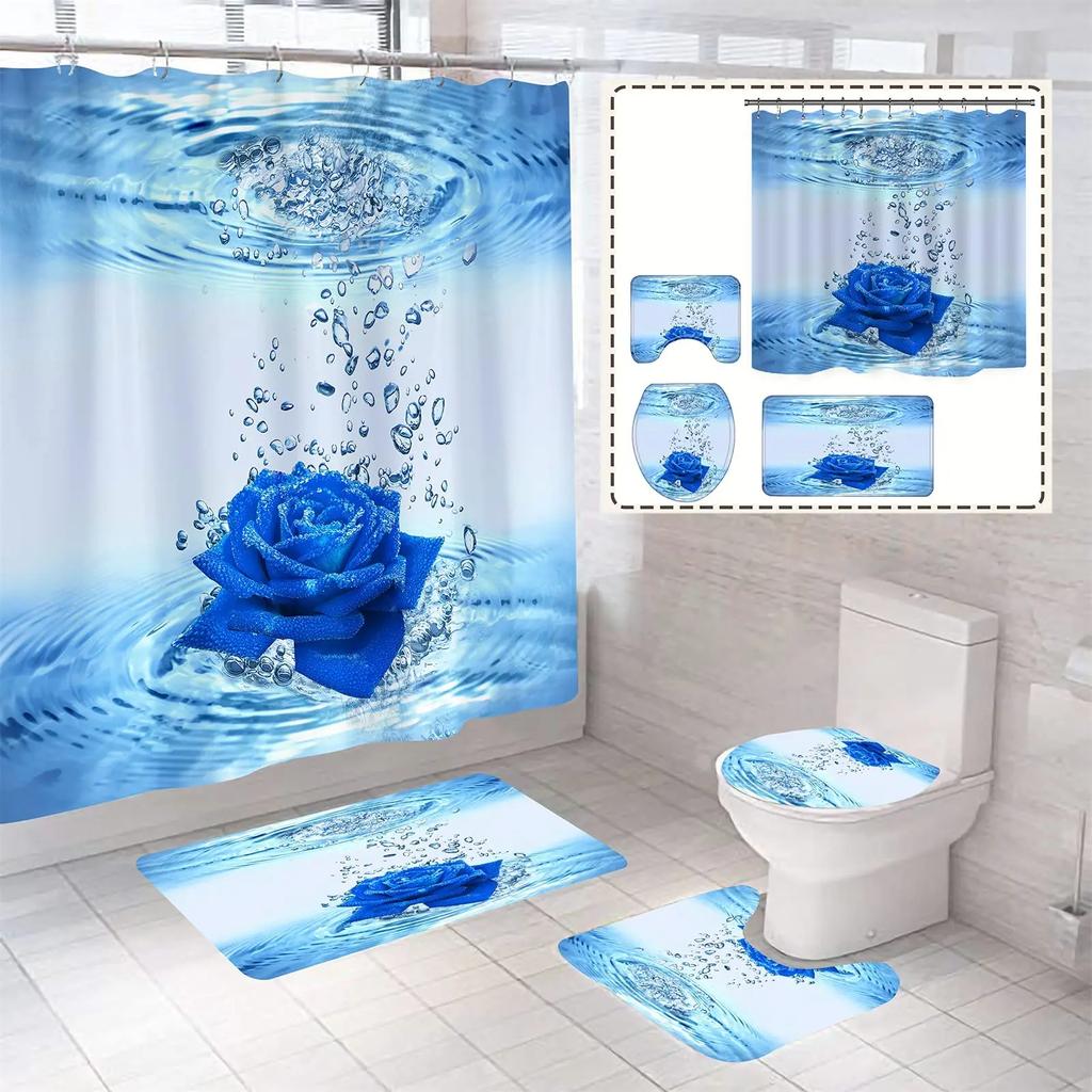 Blue Rose Flowers Waterproof Bathroom Shower Curtain Set Polyester Toilet Seat Cover Bath Nonslip Mat Rug Carpet Home Decor
