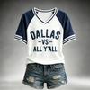 Women's Casual V-Neck Short Sleeve Tee with Football Team Print, Lightweight Breathable Summer Top