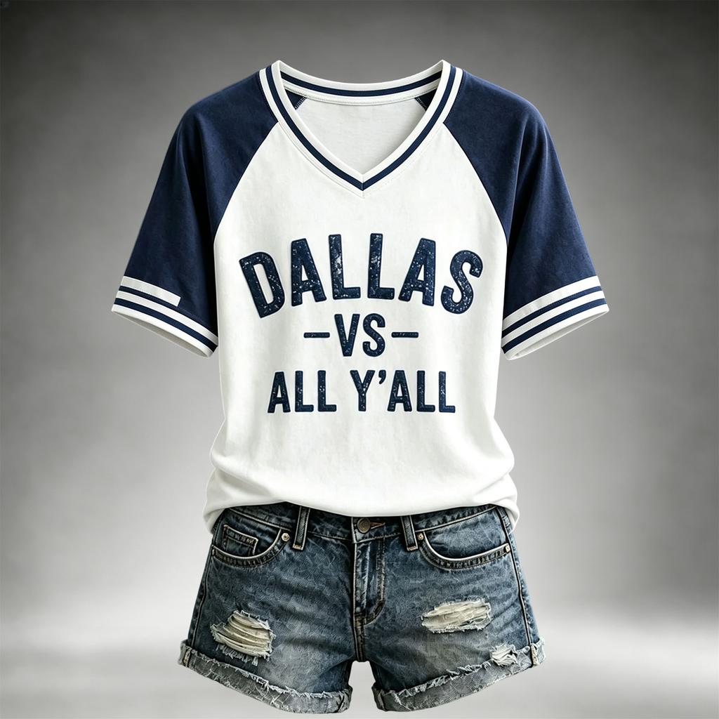 Women's Casual V-Neck Short Sleeve Tee with Football Team Print, Lightweight Breathable Summer Top