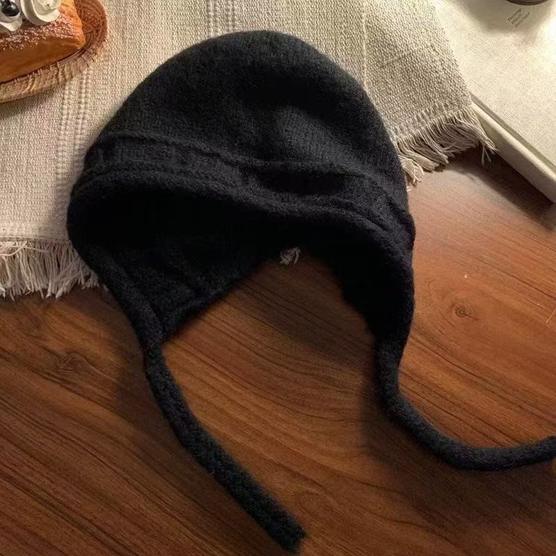Small face straps knitted hat women's autumn and winter big head circumference solid color wool hat Korean version warm ear protection bag head hat