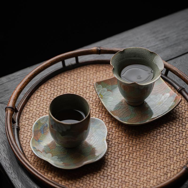 Handmade Ceramic Tea Cup Coaster Flower Shape Saucer Kung Fu Tea Set Rust Glaze Heat Resistant Pad Tea Ceremony Accessory Retro