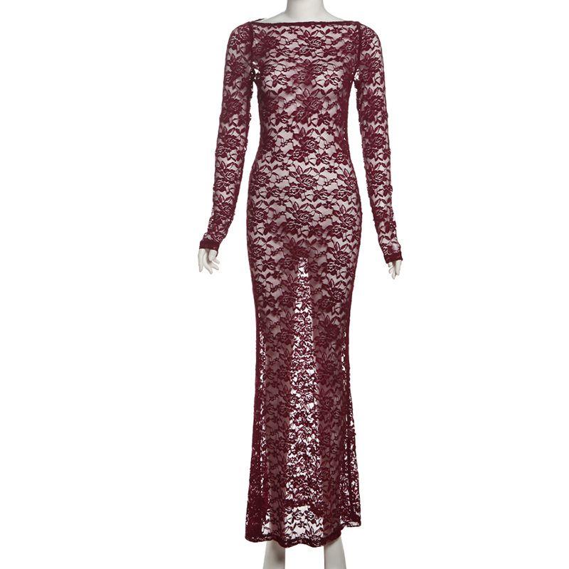 

Western Style Women clothes Autumn New Gyaru Hollow off-Neck Slim fit Lace Long sleeve dress Transparent Long dress Cover up Burgundy L