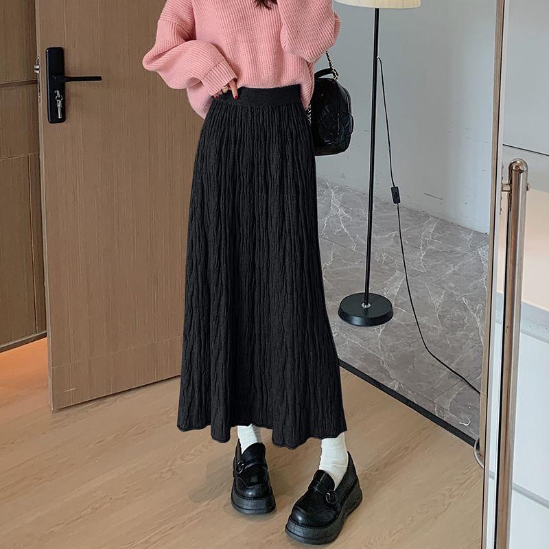 Original Autumn/Winter Folded Half Skirt 2025 Korean Edition High Waist Big Swing Skirt Warm Thick Knitted Wool Skirt Long Skirt