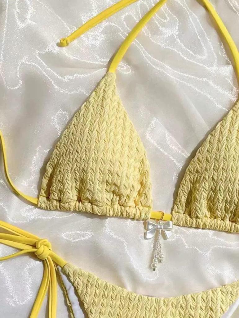 2025 Europäischer & Amerikanischer Damen Sexy Rückenfreier Träger Bikini in Unifarbe