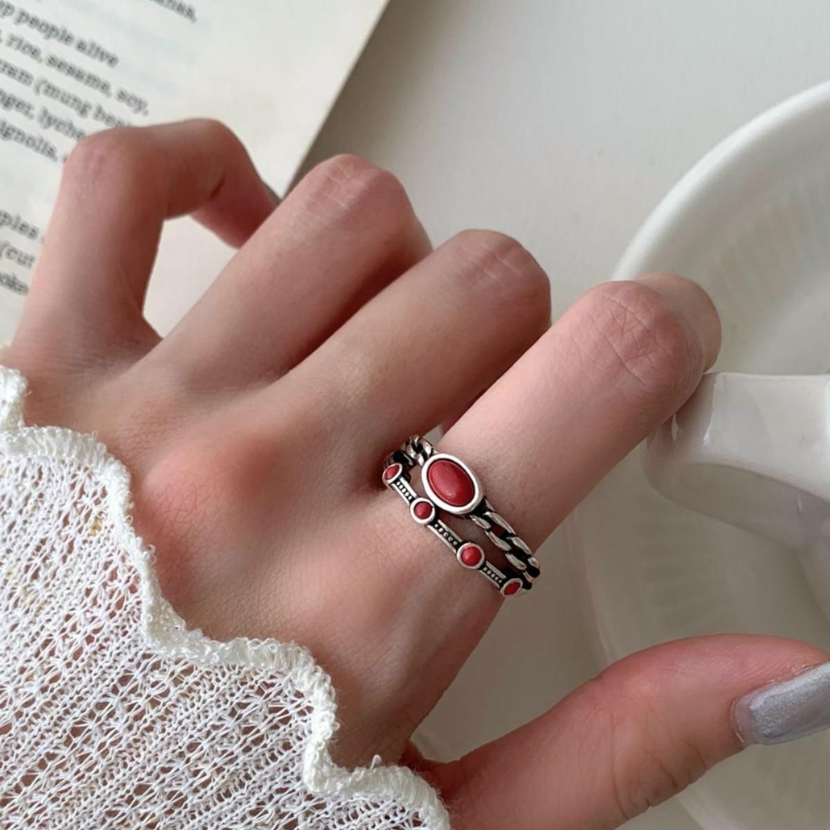 

PANJBJ 925 Sterling Silver Red Pine Stone Rings for Women Retro Double Layer Ethnic Versatile Classic Jewelry Gift Wholesale