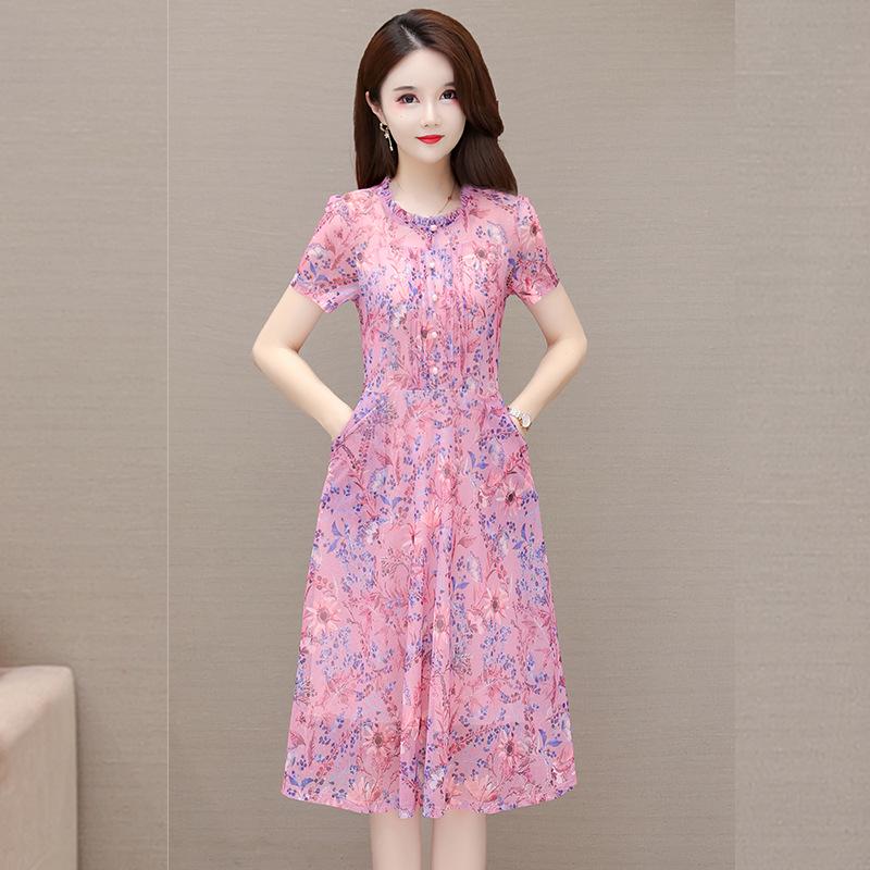 2026 Summer Floral Print Chiffon Dress: Young Mother s Slimming Short Sleeve Skirt 2XL розы красного