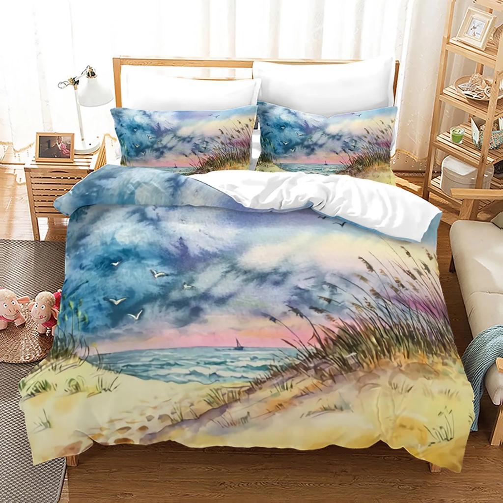 Pink Beach Duvet Cover With Pillowcase Sea Beach Nature Landscape Theme Print Bedroom Decorations Polyester For Children Women