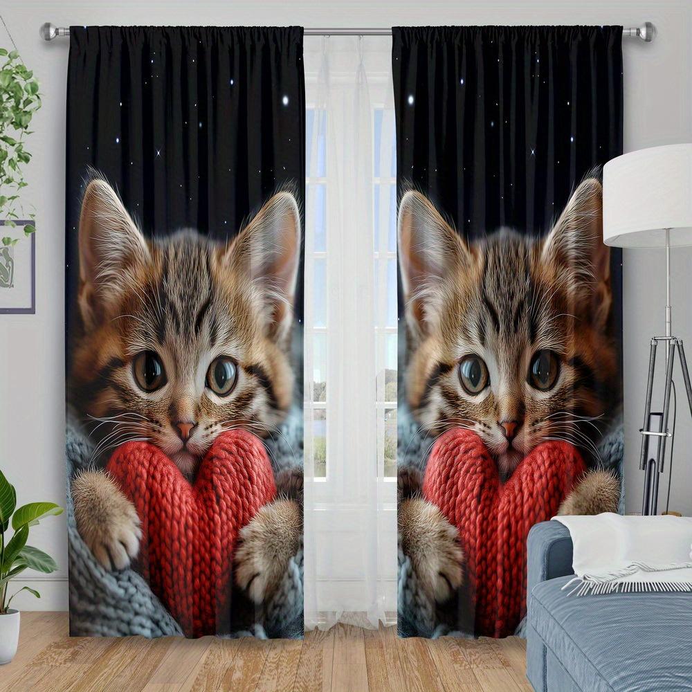 2pc Cozy cat print curtains   polyester fabric   machine washable   suitable for bedroom and living room decoration