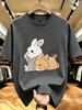 Unisex O Neck Tee Rabbit And Sleeping Cat Cartoon Art Print Cotton Short Sleeve Loose Summer Breathable Daily Casual Basic Wear Top
