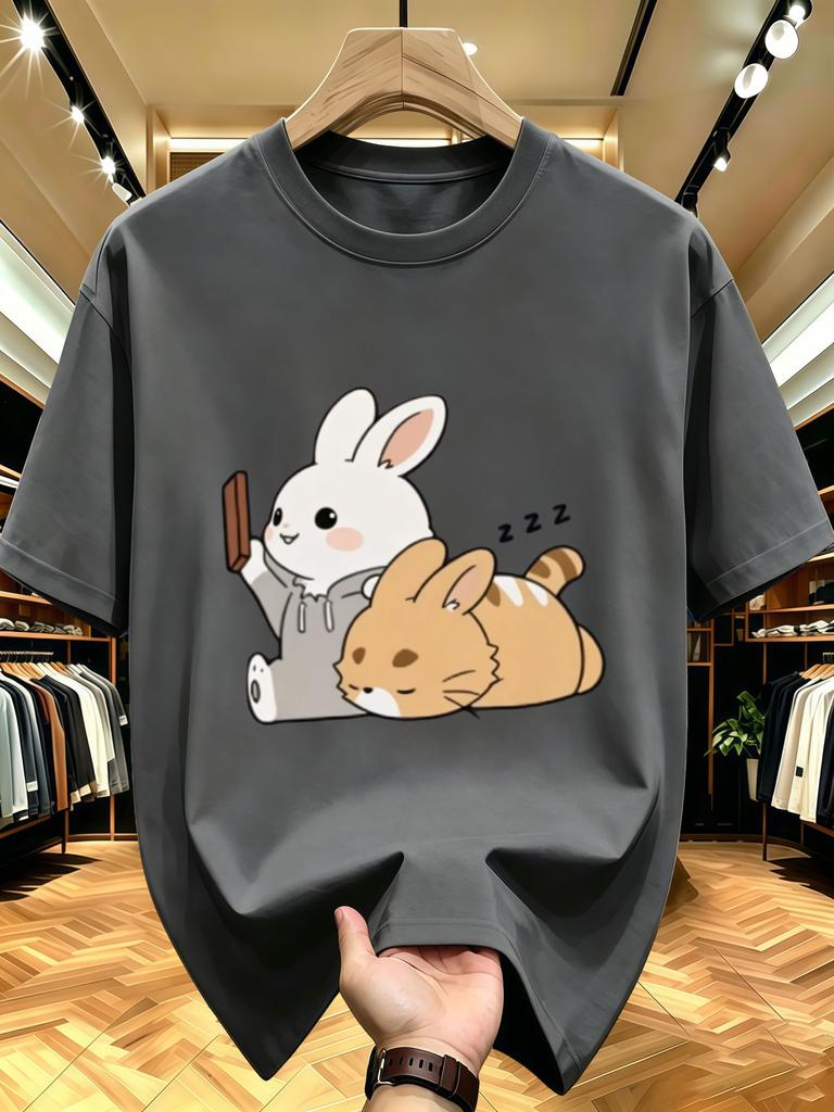 Unisex O Neck Tee Rabbit And Sleeping Cat Cartoon Art Print Cotton Short Sleeve Loose Summer Breathable Daily Casual Basic Wear Top